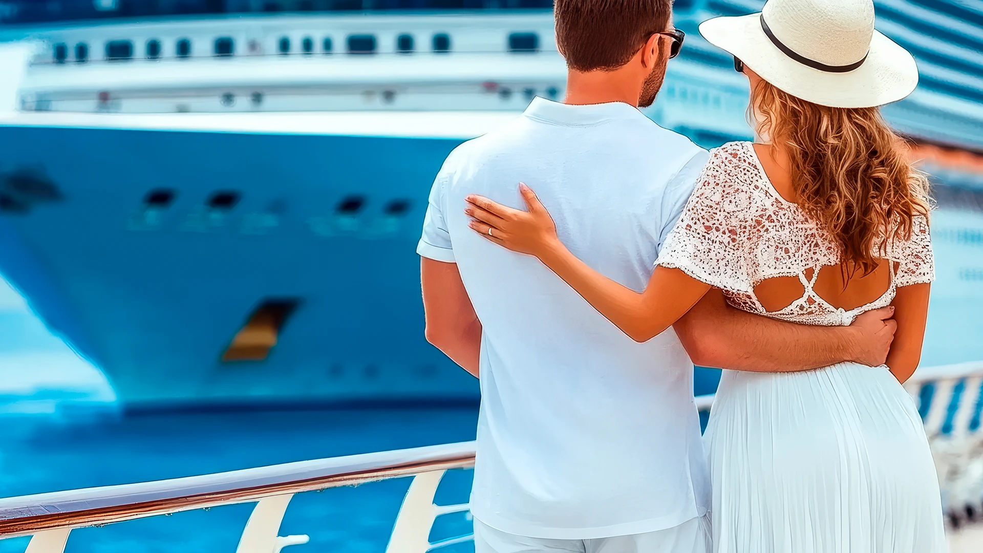 Couple admiring cruise ship